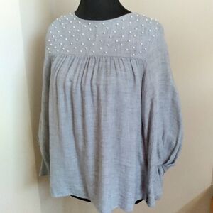 Zara Basics Gray Femine Soft Girl‎ Coquette Women's Top with Pearl Detailing XS